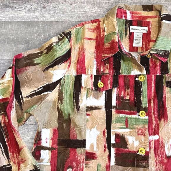 Drapers & Damons Geometric Textured Button Up Jacket Womens 2X Cotton Tan Multi - Picture 2 of 7